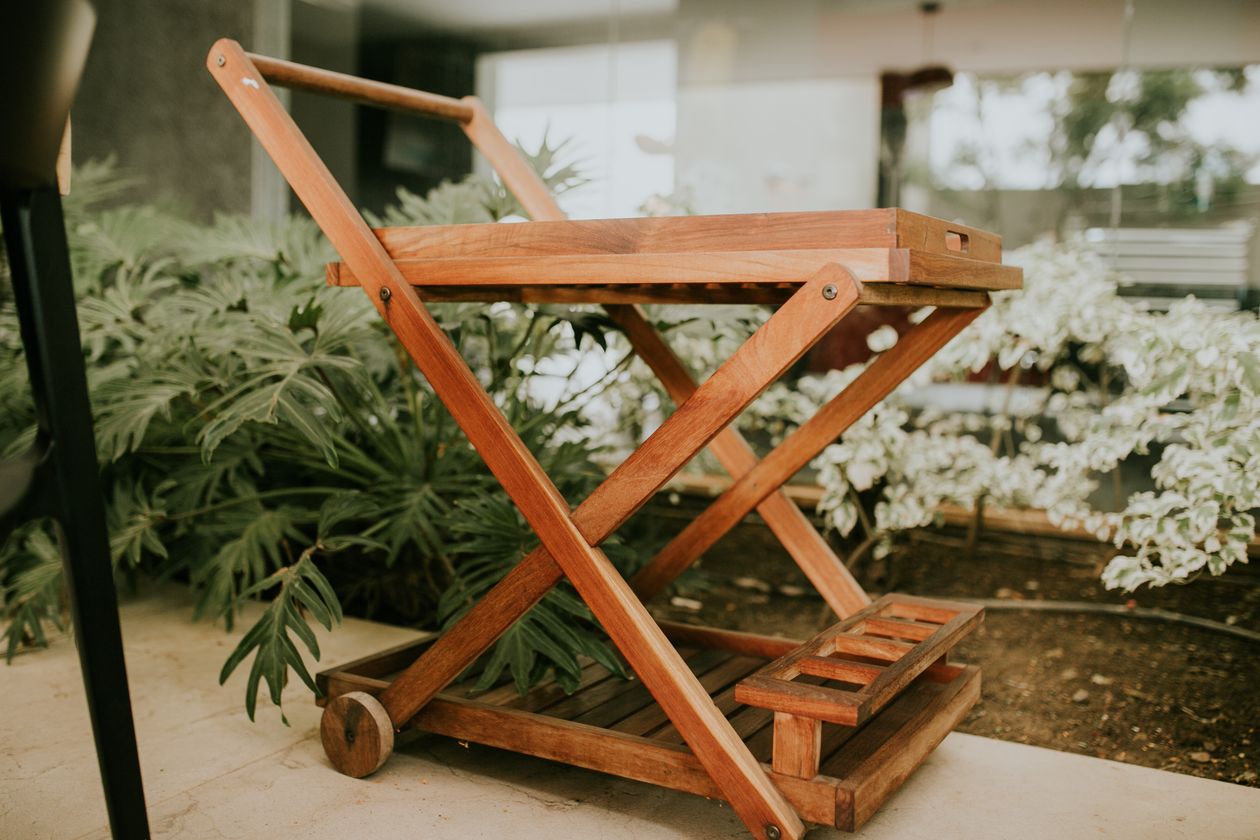 Carrinho organizador com rodinhas ao lado de plantas, usado para guardar e organizar a casa