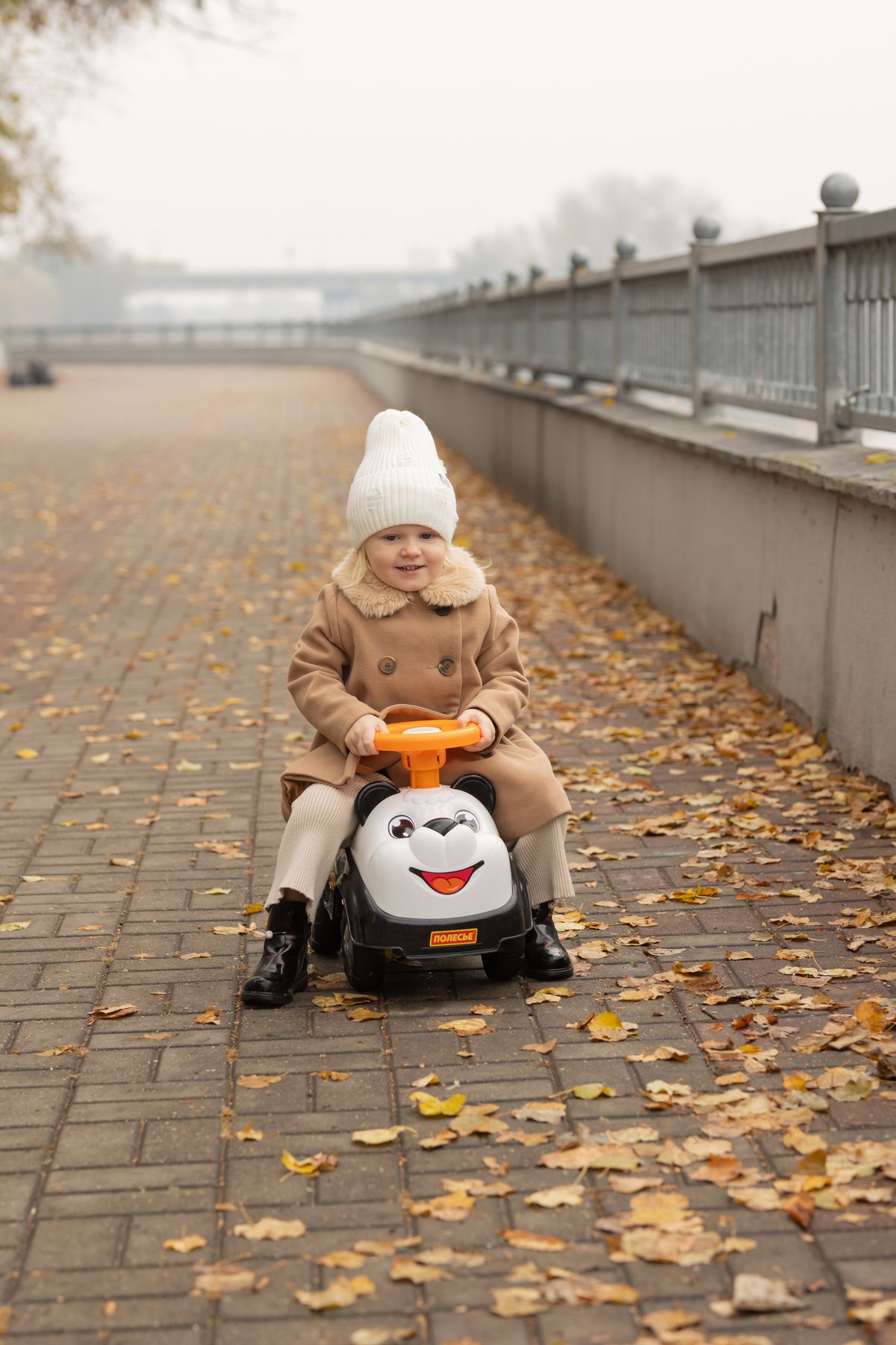 Criança andando em carro de brinquedo entre folhas de outono, contexto de uso do carro infantil ao ar livre