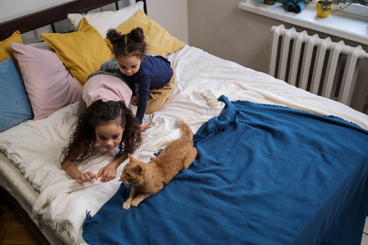 Crianças deitadas na cama cobertas com edredom azul, contexto de melhor edredom infantil