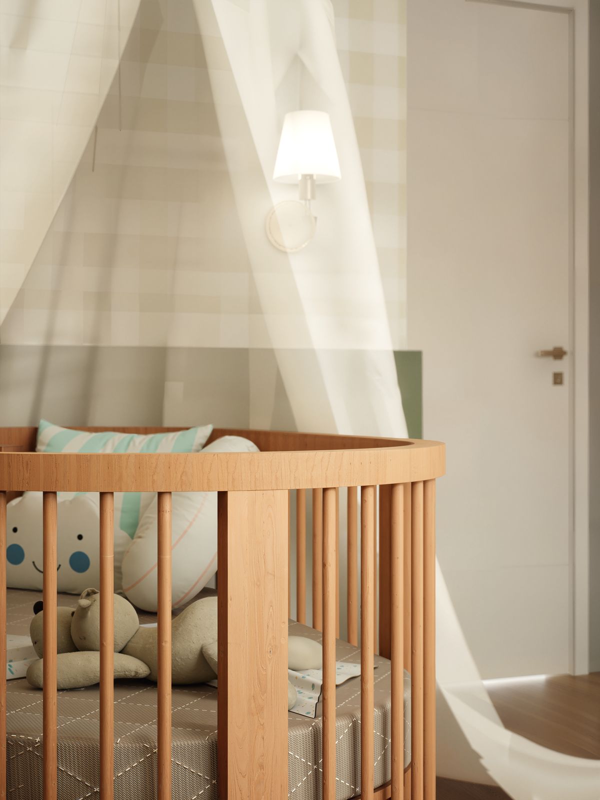 Quarto de bebê aconchegante com berço de madeira e brinquedos macios sob luz suave - ambiente de quarto infantil